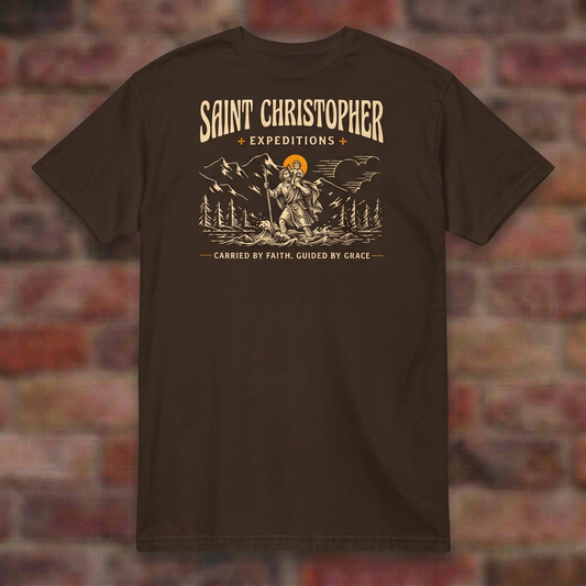 St. Christopher Expeditions Dark Chocolate T-shirt brick flat lay