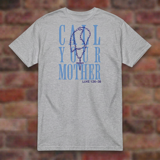 Call Your Mother T-shirt in Sport Grey, flat lay on blurred brick