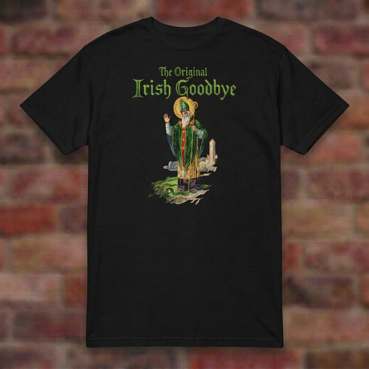 Original Irish Goodbye T-shirt in Black, flat lay on blurred brick