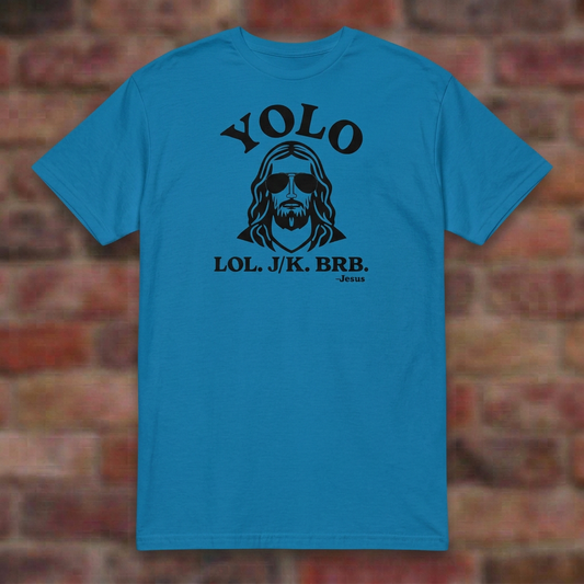 YOLO T-shirt in Sapphire, overhead flat lay on blurred brick