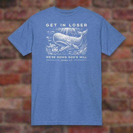 Jonah T-shirt in Heather Royal, overhead flat lay on softly blurred brick
