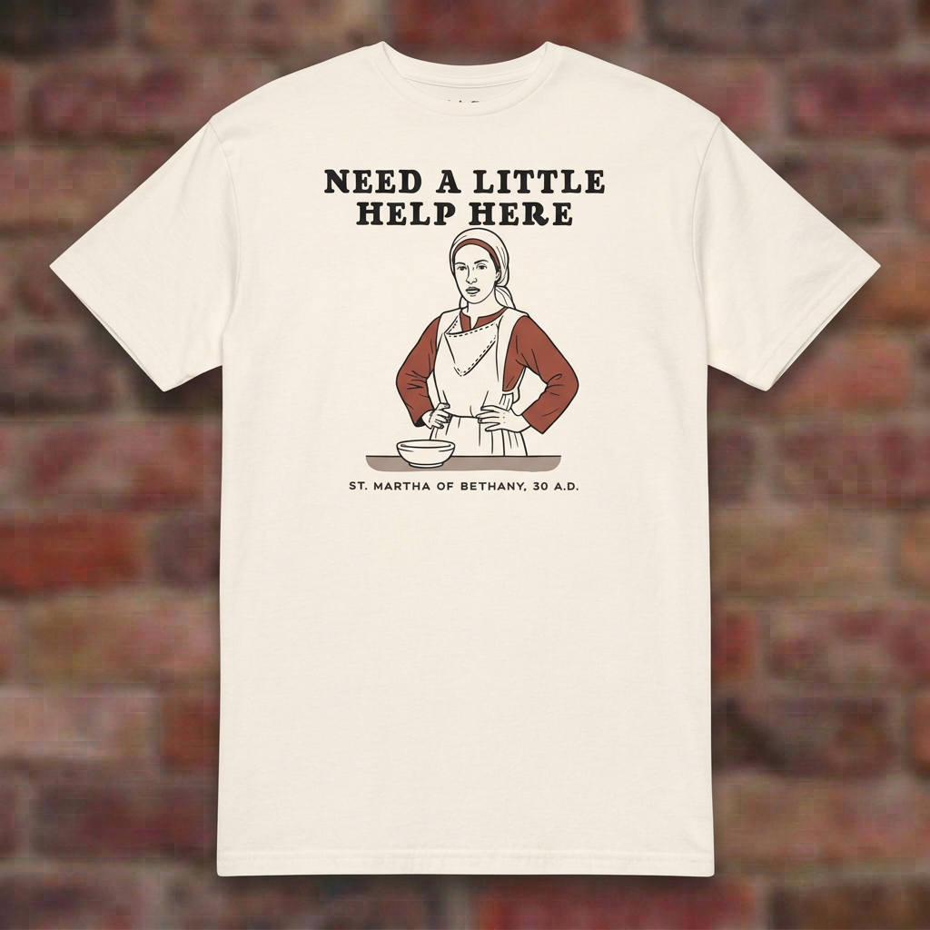 Martha T-shirt in Natural, overhead flat lay on softly blurred brick background