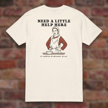 Martha T-shirt in Natural, overhead flat lay on softly blurred brick background