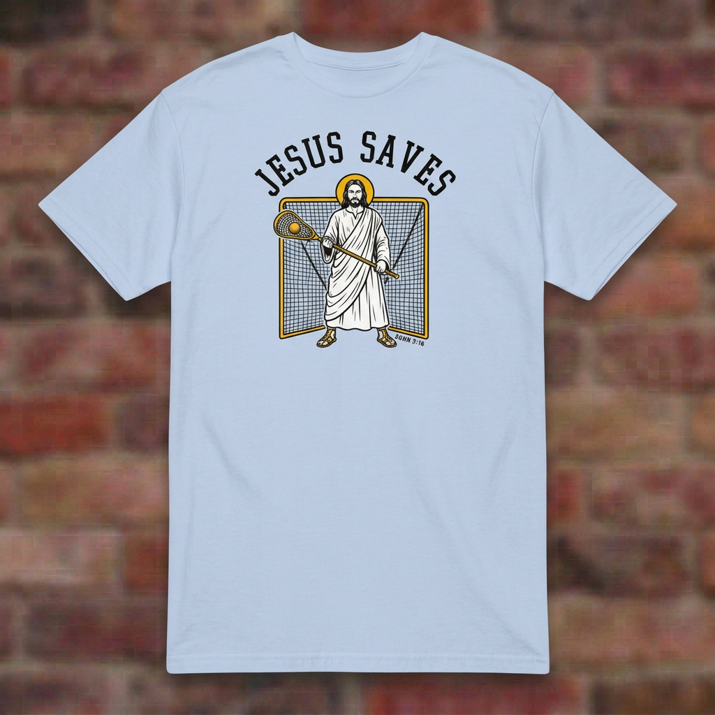 Jesus Saves Lacrosse T-shirt in Light Blue, flat lay on blurred brick