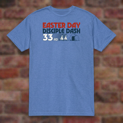 Easter Day Disciple Dash Heather Royal T-shirt flat lay on softly blurred bricks