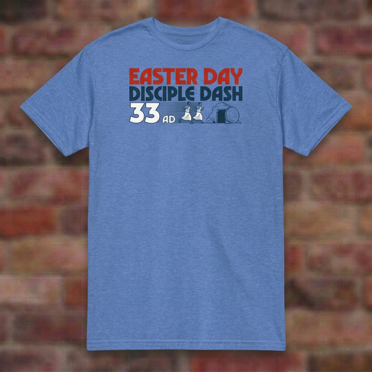 Easter Day Disciple Dash Heather Royal T-shirt flat lay on softly blurred bricks