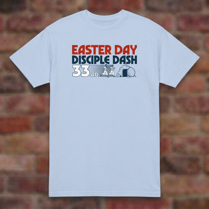 Easter Day Disciple Dash Light Blue T-shirt flat lay on softly blurred bricks