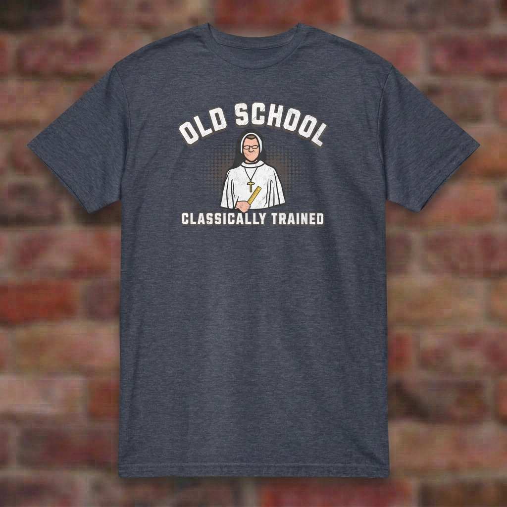 Old School Classically Trained Dominican Heather Navy T-shirt flat lay on softly blurred bricks