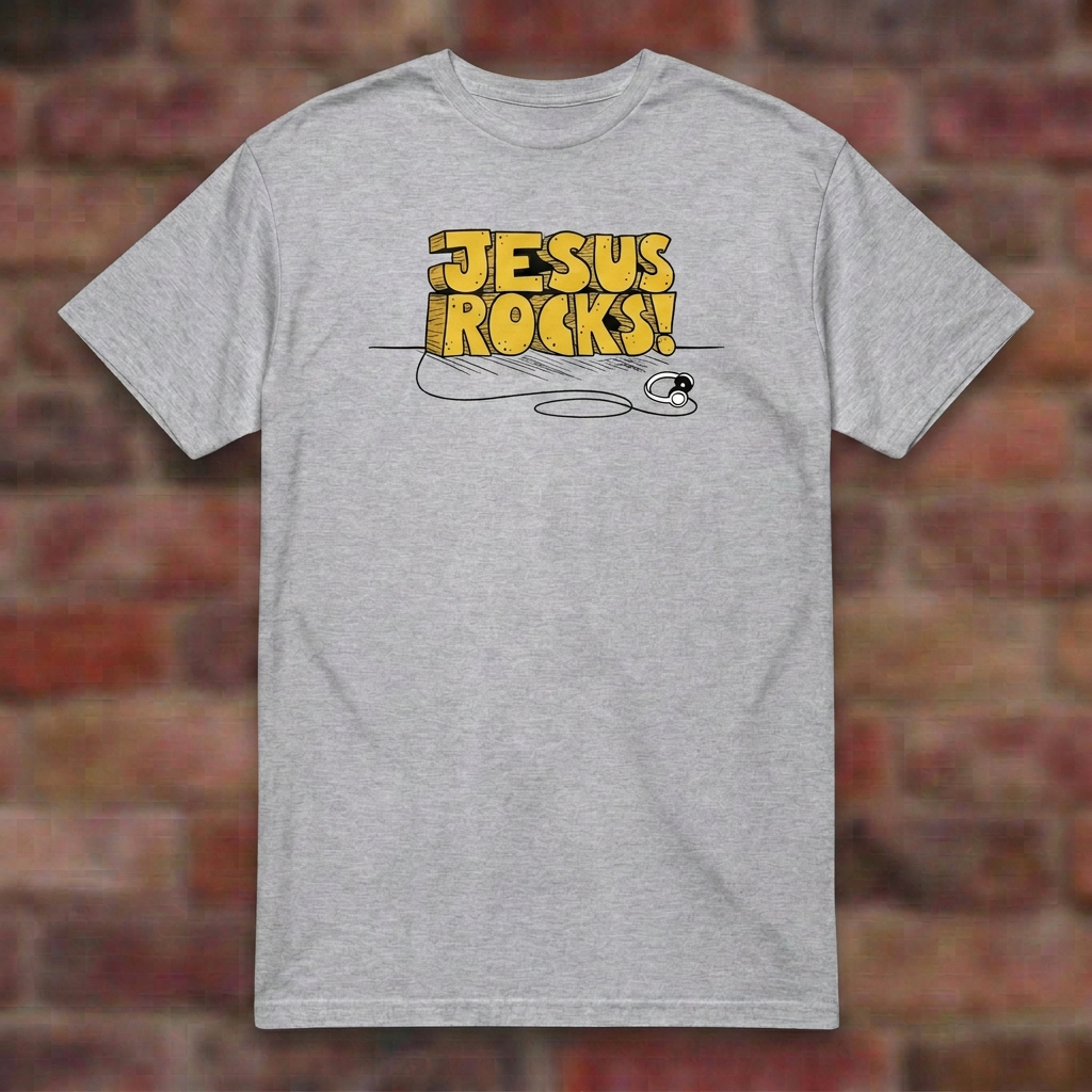Jesus Rocks T-shirt in Sport Grey, flat lay on blurred brick