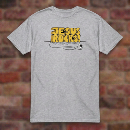 Jesus Rocks T-shirt in Sport Grey, flat lay on blurred brick
