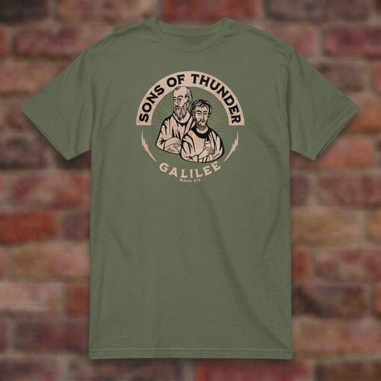 Sons of Thunder T-shirt in Military Green, overhead flat lay on blurred brick