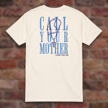 Call Your Mother T-shirt in Natural, flat lay on blurred brick