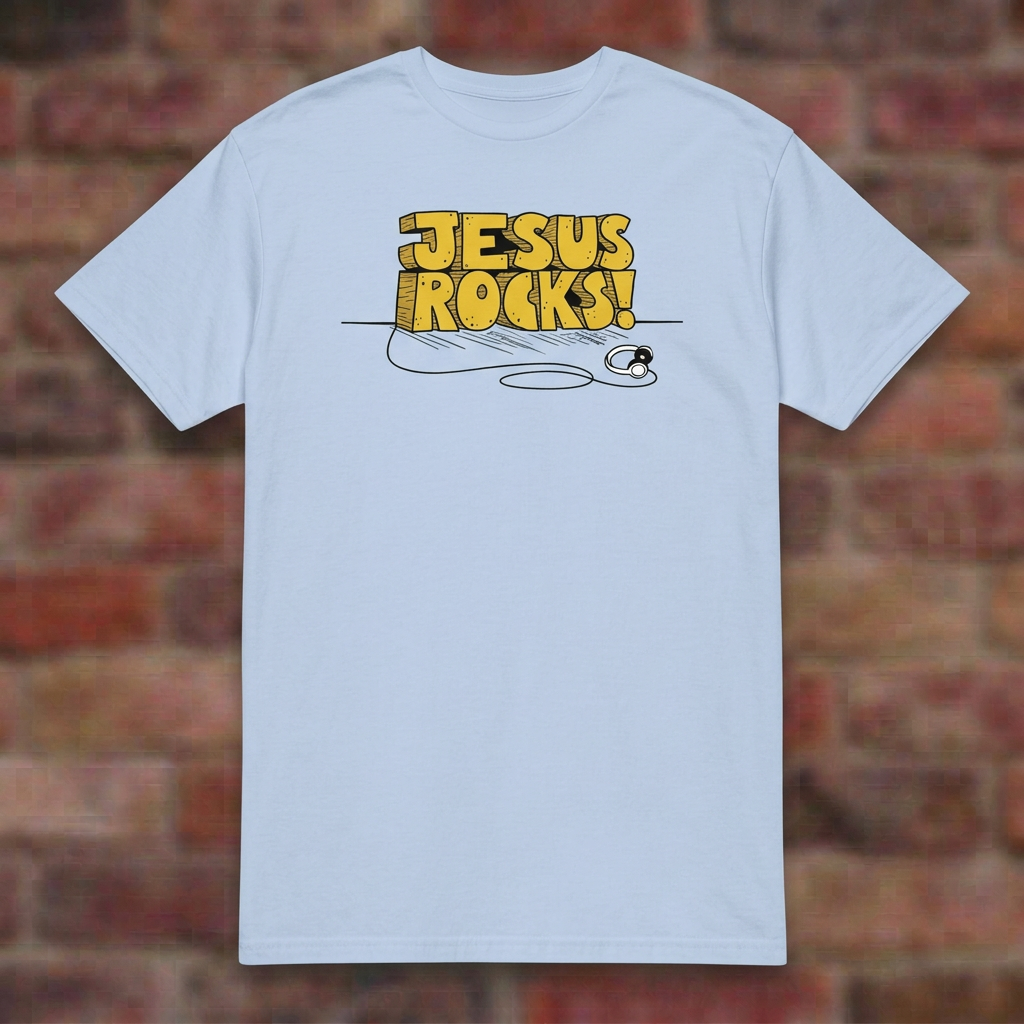 Jesus Rocks T-shirt in Light Blue, flat lay on blurred brick