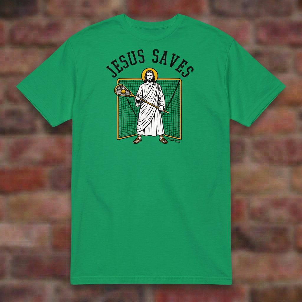 Jesus Saves Lacrosse T-shirt in Irish Green, flat lay on blurred brick