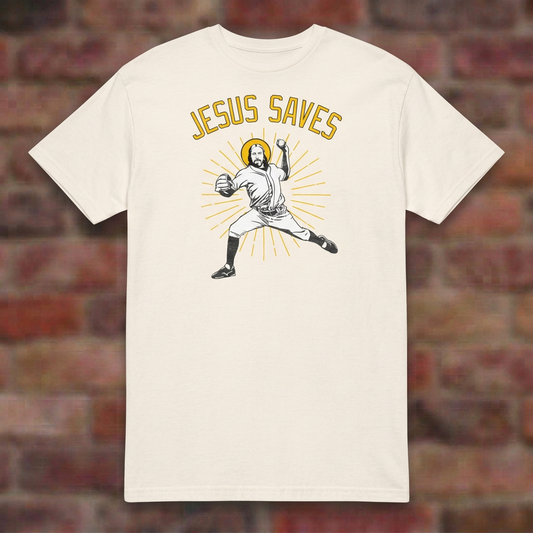 Jesus Saves Baseball T-shirt in Natural, overhead flat lay on blurred brick