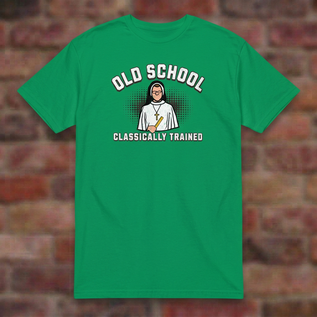 Old School Classically Trained Dominican Irish Green T-shirt flat lay on softly blurred bricks