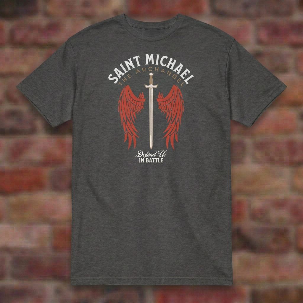 St. Michael Defend Us In Battle T-shirt in Dark Heather, flat lay on blurred brick