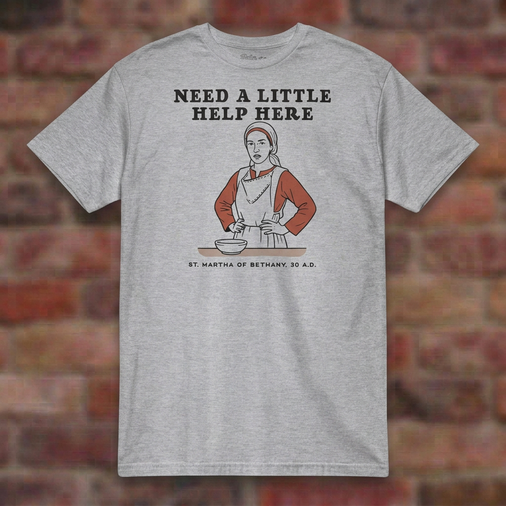 Martha T-shirt in Sport Grey, overhead flat lay on softly blurred brick background