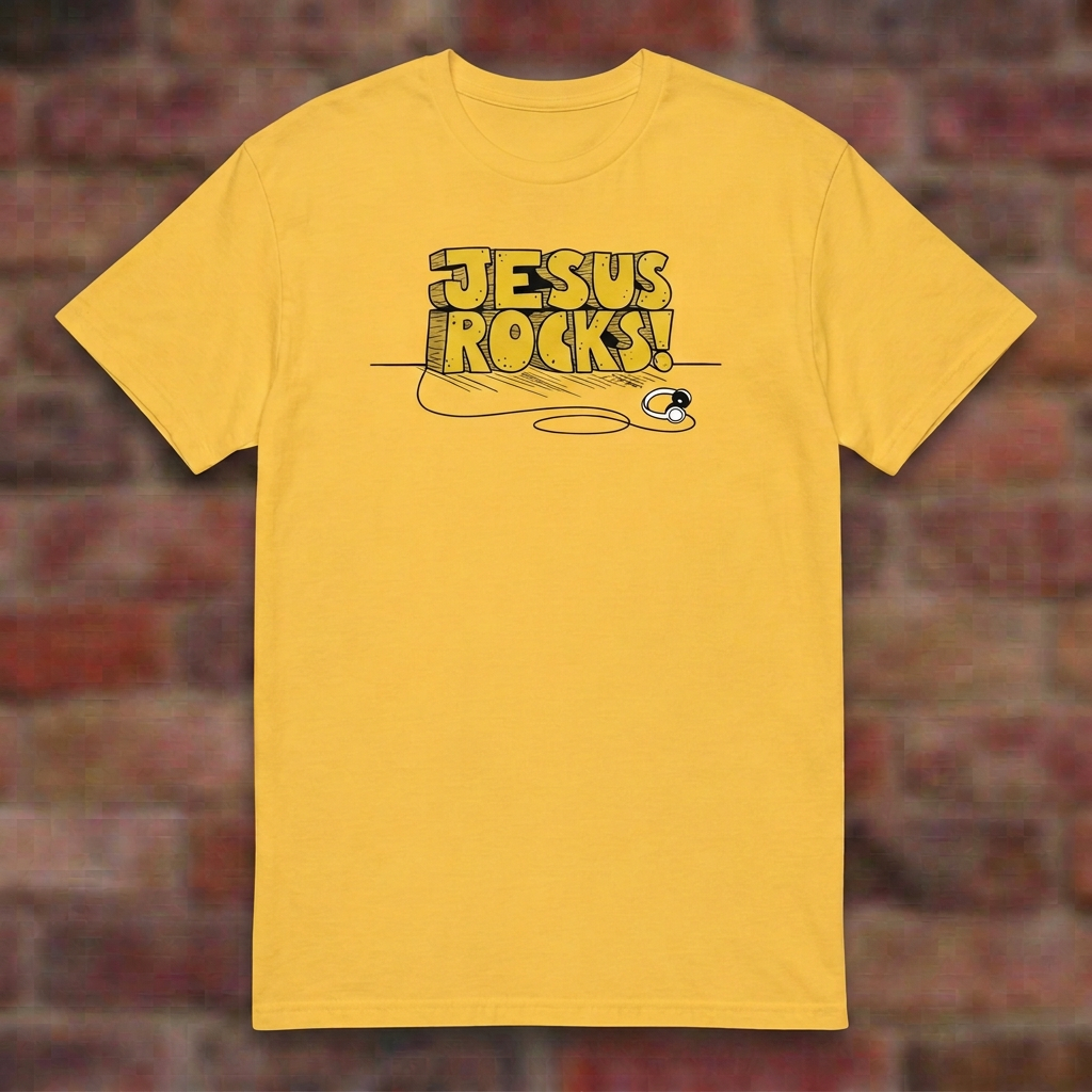 Jesus Rocks T-shirt in Daisy, flat lay on blurred brick