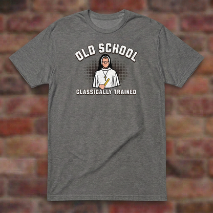 Old School Classically Trained Dominican Graphite Heather T-shirt flat lay on softly blurred bricks