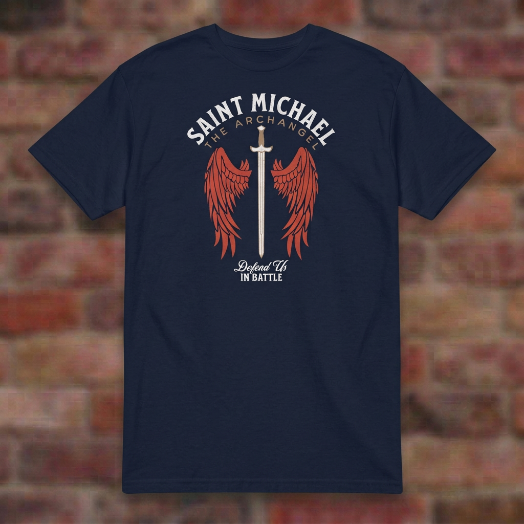 St. Michael Defend Us In Battle T-shirt in Navy, flat lay on blurred brick