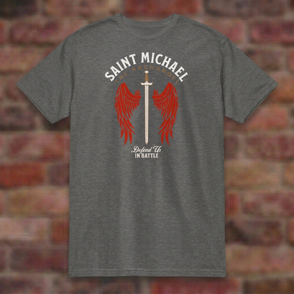 St. Michael Defend Us In Battle T-shirt in Graphite Heather, flat lay on blurred brick