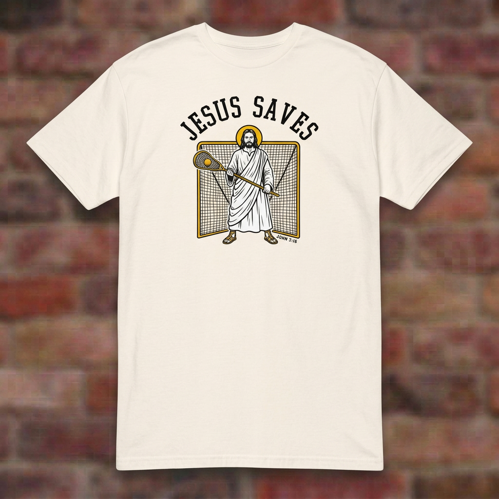 Jesus Saves Lacrosse T-shirt in Natural, flat lay on blurred brick