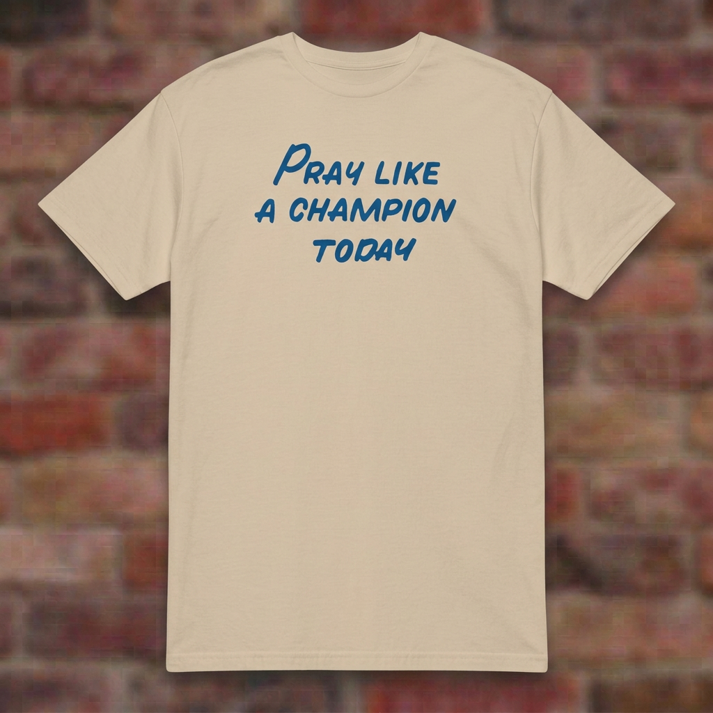 Pray Like a Champion T-shirt in Sand, flat lay on blurred brick