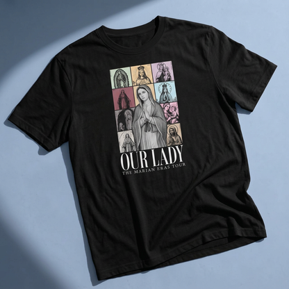 Our Lady Marian Eras Tour ladies tee flat lay mockup with highlighted lighting