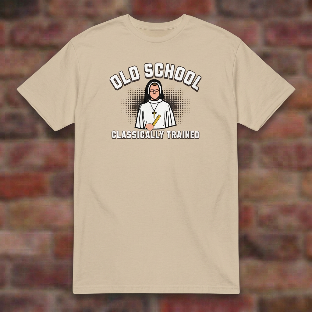 Old School Classically Trained Dominican Sand T-shirt flat lay on softly blurred bricks