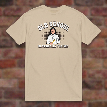 Old School Classically Trained Dominican Sand T-shirt flat lay on softly blurred bricks