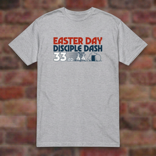 Easter Day Disciple Dash Sport Grey T-shirt flat lay on softly blurred bricks