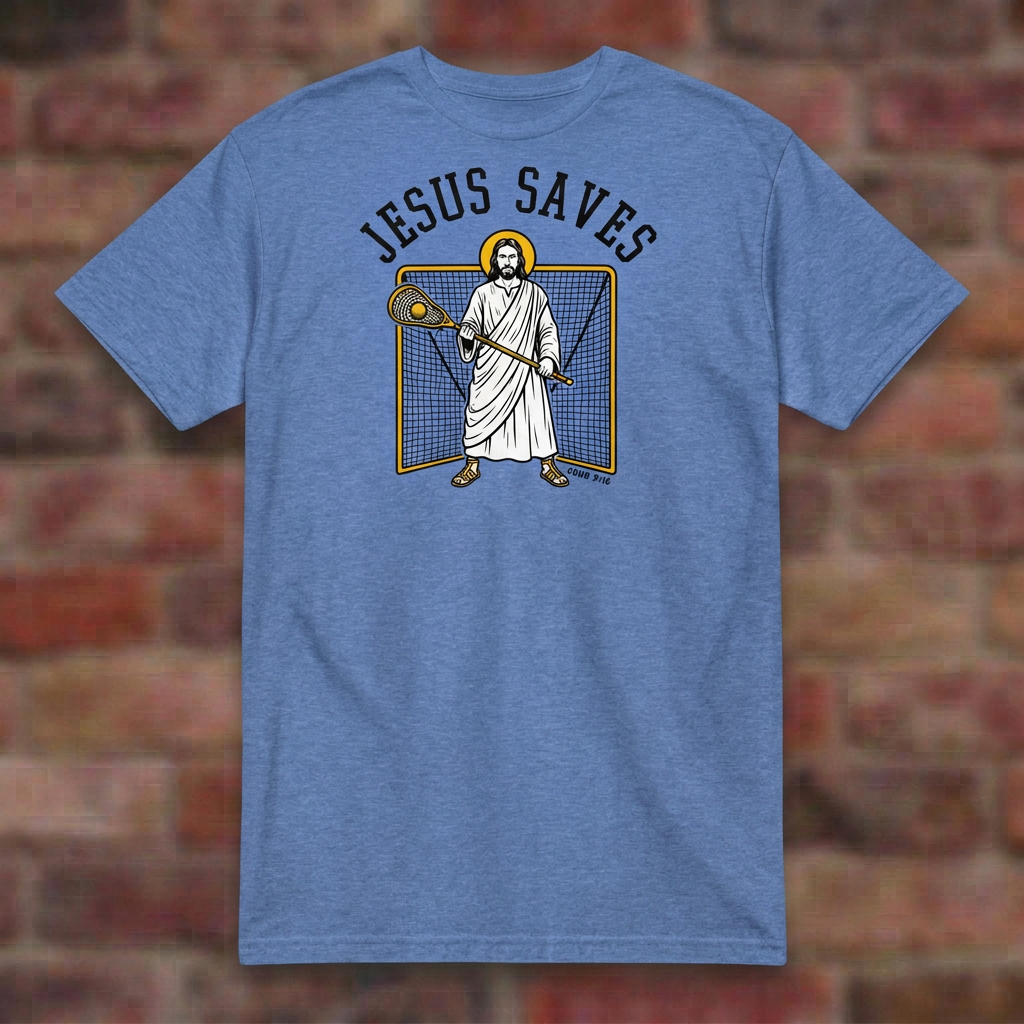 Jesus Saves Lacrosse T-shirt in Heather Royal, flat lay on blurred brick