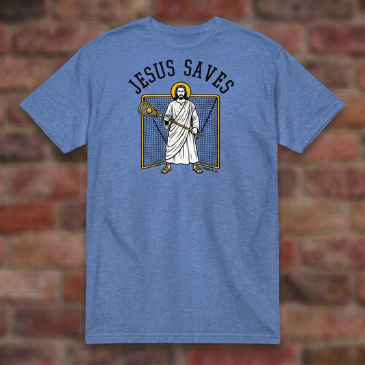Jesus Saves Lacrosse T-shirt in Heather Royal, flat lay on blurred brick