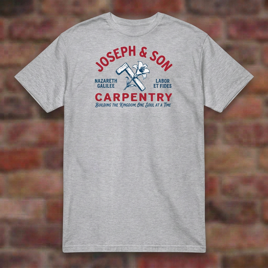 Joseph & Son Carpentry T-shirt in Sport Grey, overhead flat lay on softly blurred brick