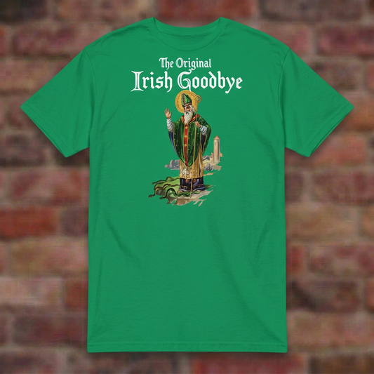 Original Irish Goodbye T-shirt in Irish Green, flat lay on blurred brick