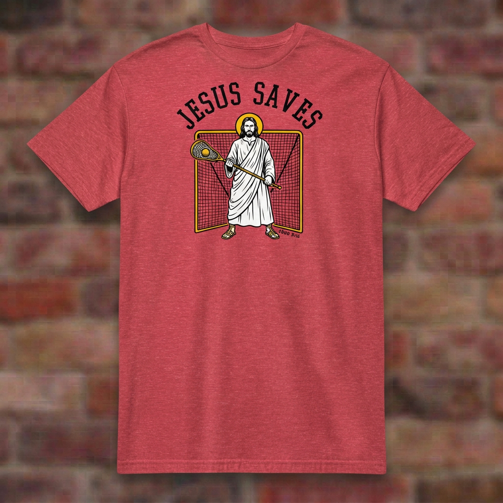 Jesus Saves Lacrosse T-shirt in Heather Red, flat lay on blurred brick