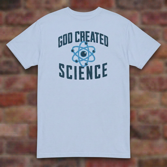 God Created Science Light Blue T-shirt brick flat lay