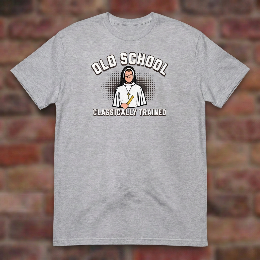 Old School Classically Trained Dominican Sport Grey T-shirt flat lay on softly blurred bricks