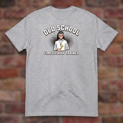 Old School Classically Trained Dominican Sport Grey T-shirt flat lay on softly blurred bricks