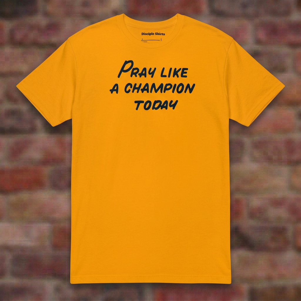 Pray Like a Champion T-shirt in Gold, flat lay on blurred brick