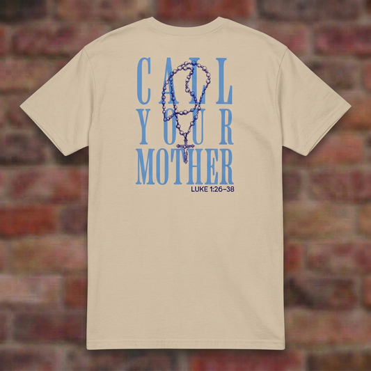 Call Your Mother T-shirt in Sand, flat lay on blurred brick