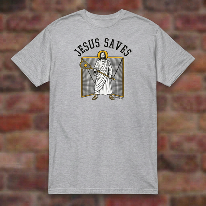 Jesus Saves Lacrosse T-shirt in Sport Grey, flat lay on blurred brick