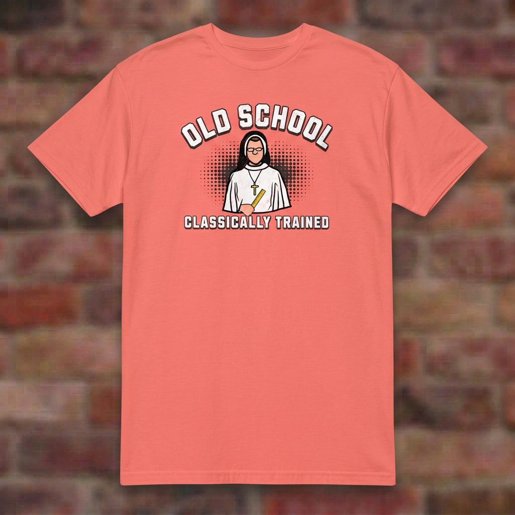 Old School Classically Trained Dominican Coral Silk T-shirt flat lay on softly blurred bricks