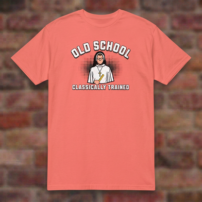 Old School Classically Trained Dominican Coral Silk T-shirt flat lay on softly blurred bricks
