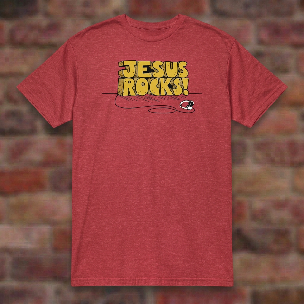 Jesus Rocks T-shirt in Heather Red, flat lay on blurred brick