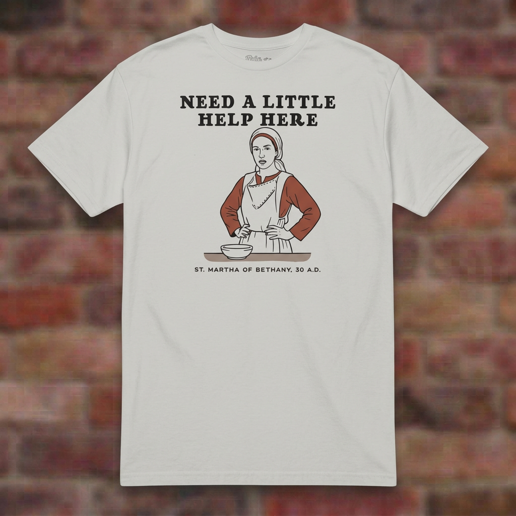 Martha T-shirt in Ice Grey, overhead flat lay on softly blurred brick background