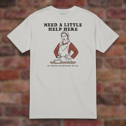 Martha T-shirt in Ice Grey, overhead flat lay on softly blurred brick background