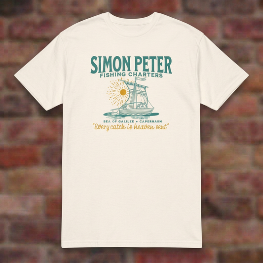 Simon Peter Fishing Charters T-shirt in Natural, overhead flat lay on blurred brick