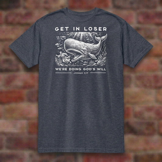 Jonah T-shirt in Heather Navy, overhead flat lay on softly blurred brick